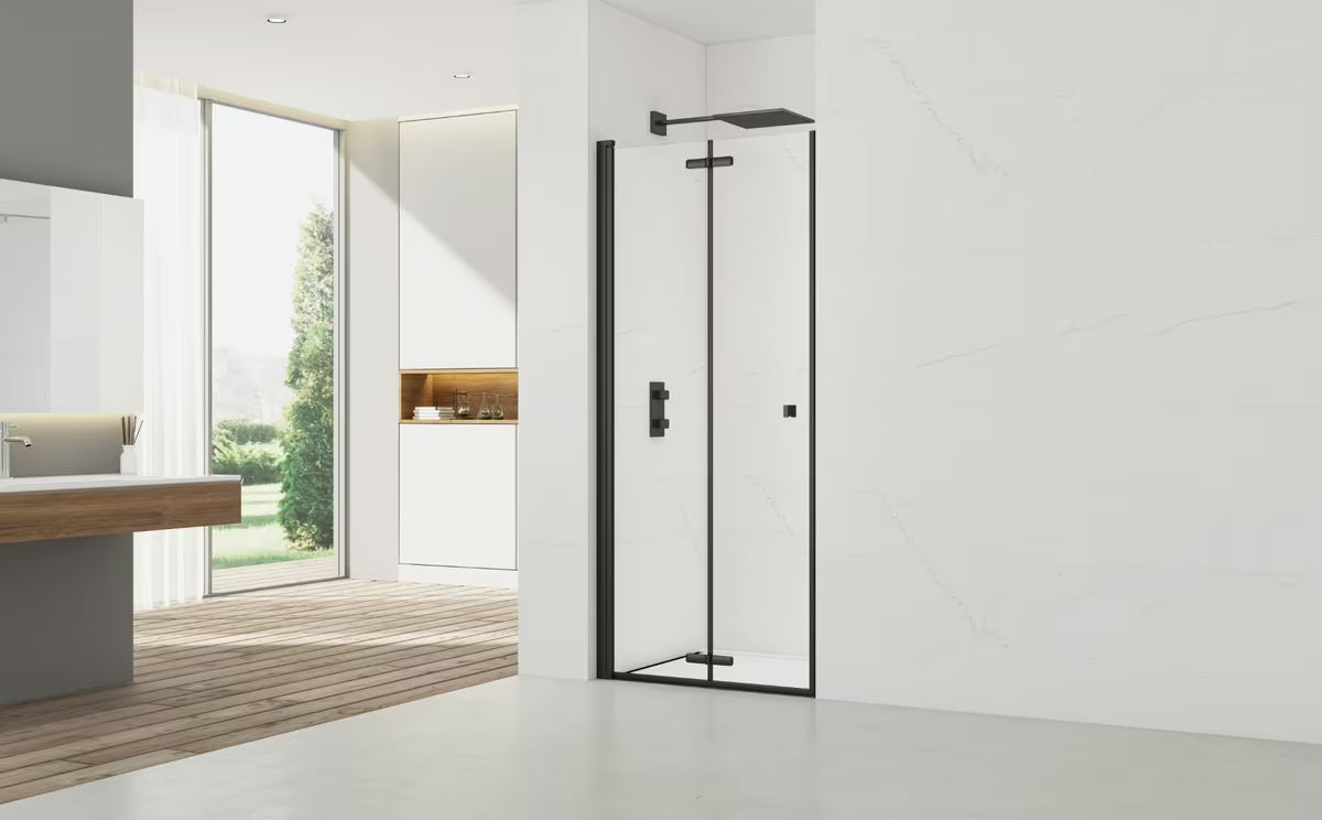 Crna preklopna tuš vrata za nišu 90 cm s prozirnim staklom i površinskom obradom Easyclean