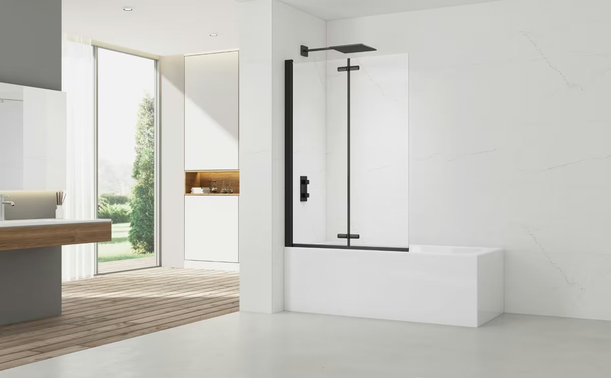 Crna paravan za kadu SAT SK 150x105 cm s prozirnim staklom i preklopnim otvaranjem