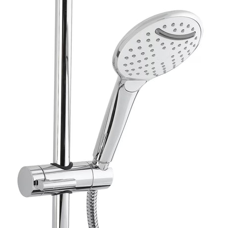 Bijela i krom ručna ručni tuš SAT s tri vrste mlaza i promjerom 12 cm.