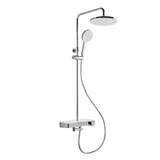 Tuš sustav SAT s termostatskom miješalicom, sa staklenom policom i prebacivanjem između nadglavnog i ručnog tuša te izljeva.