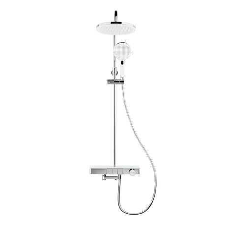 Tuš sustav SAT s termostatskom miješalicom, sa staklenom policom i prebacivanjem između nadglavnog i ručnog tuša te izljeva.