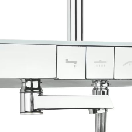 Tuš sustav SAT s termostatskom miješalicom, sa staklenom policom i prebacivanjem između nadglavnog i ručnog tuša te izljeva.