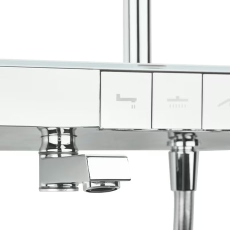 Tuš sustav SAT s termostatskom miješalicom, sa staklenom policom i prebacivanjem između nadglavnog i ručnog tuša te izljeva.