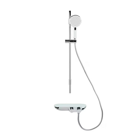 Tuš sustav SAT s termostatskom miješalicom u izvedbi bijela/krom s ručnim i nadglavnim tušem te staklenom policom.