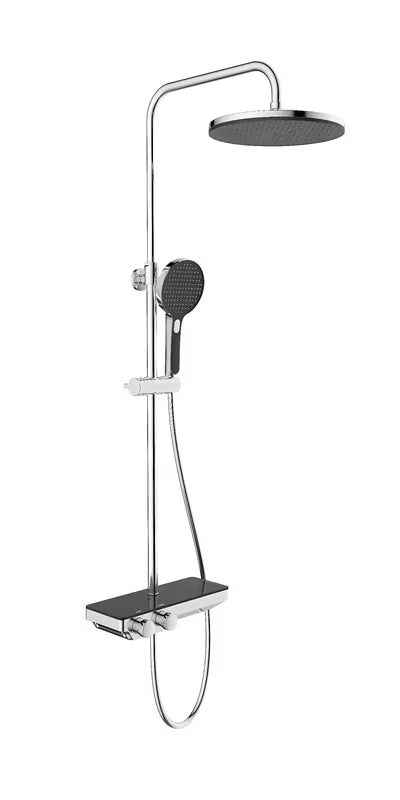 Tuš sustav SAT s termostatskom miješalicom, s nadglavnim i ručnim tušem te staklenom policom u crnoj i krom boji.