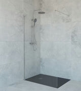 Tuš sustav SAT s termostatskom miješalicom, s nadglavnim i ručnim tušem te staklenom policom u crnoj i krom boji.