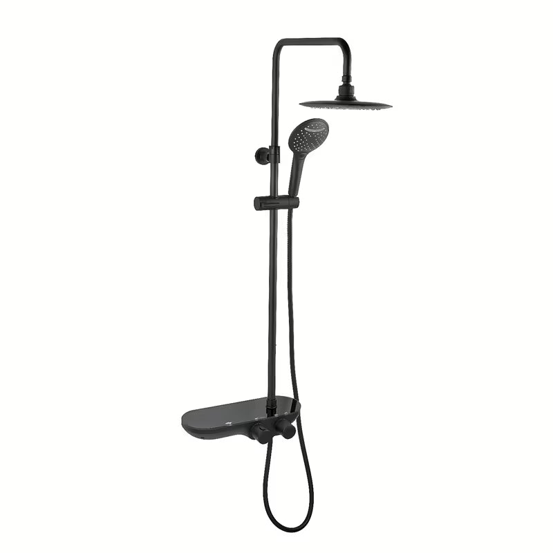 Crni mat tuš sustav SAT s termostatskom miješalicom, s nadglavnim i ručnim tušem te staklenom policom.