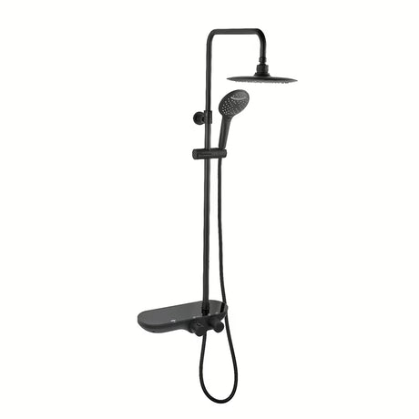 Crni mat tuš sustav SAT s termostatskom miješalicom, s nadglavnim i ručnim tušem te staklenom policom.