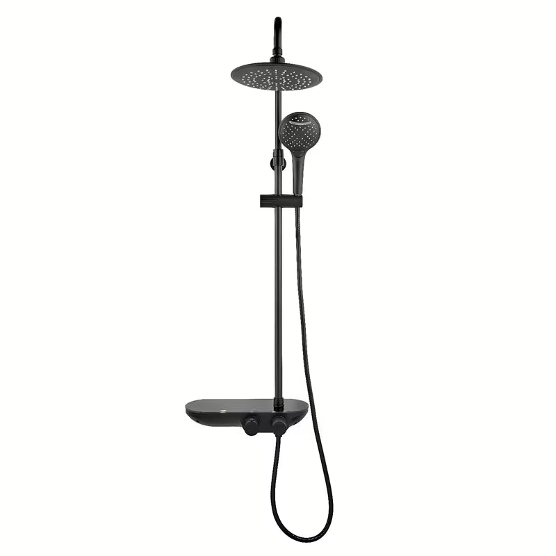 Crni mat tuš sustav SAT s termostatskom miješalicom, s nadglavnim i ručnim tušem te staklenom policom.