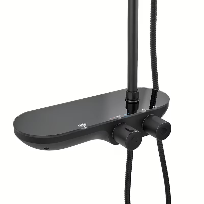 Crni mat tuš sustav SAT s termostatskom miješalicom, s nadglavnim i ručnim tušem te staklenom policom.