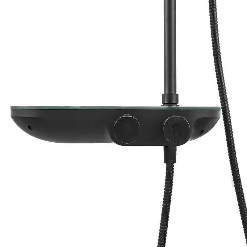 Crni mat tuš sustav SAT s termostatskom miješalicom, s nadglavnim i ručnim tušem te staklenom policom.