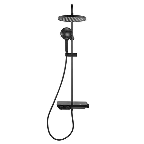 Crni mat tuš sustav SAT s termostatskom miješalicom, s nadglavnim tušem i ručnim tušem s tri vrste mlaza.