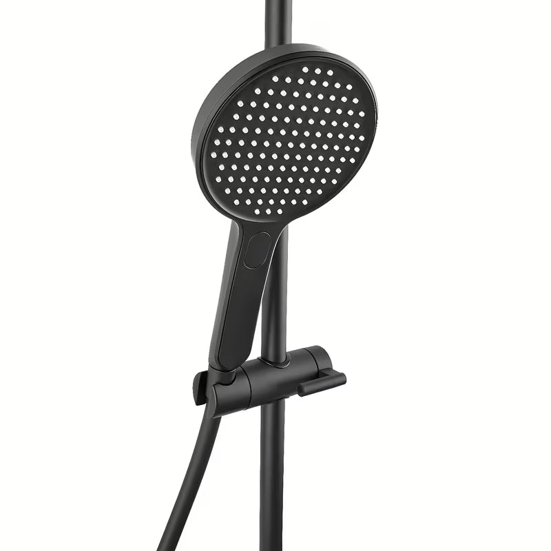 Crni mat tuš sustav SAT s termostatskom miješalicom, s nadglavnim tušem i ručnim tušem s tri vrste mlaza.