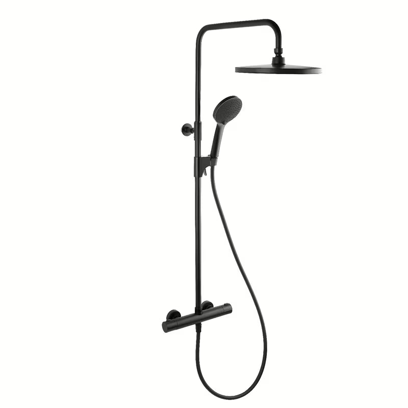 Crni tuš sustav SAT s termostatskom miješalicom sa sigurnosnim graničnikom na 38 °C.