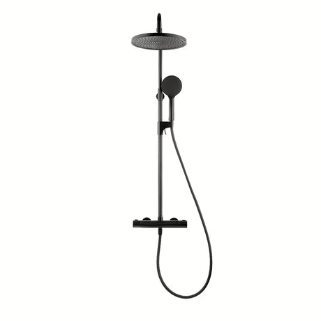 Crni tuš sustav SAT s termostatskom miješalicom sa sigurnosnim graničnikom na 38 °C.