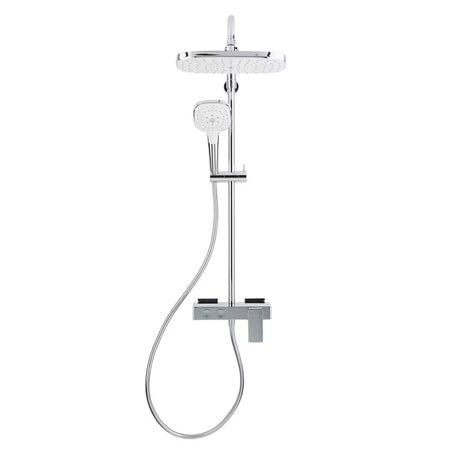 Tuš sustav SAT Chrome s jednoručnom miješalicom, policom, nadglavnim i ručnim tušem u izvedbi bijela/krom.