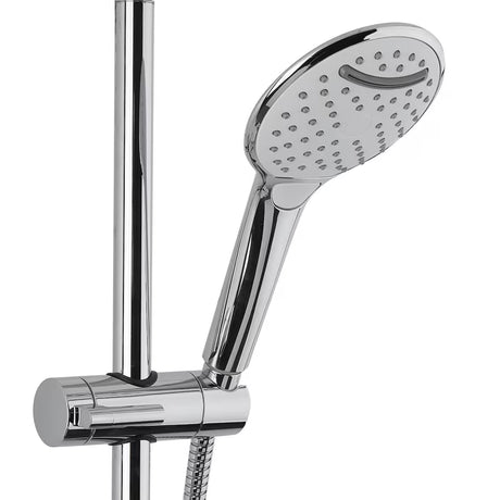 Tuš sustav SAT Chrome s termostatskom miješalicom, nadglavnim i ručnim tušem te staklenom policom u krom/bijeloj izvedbi.
