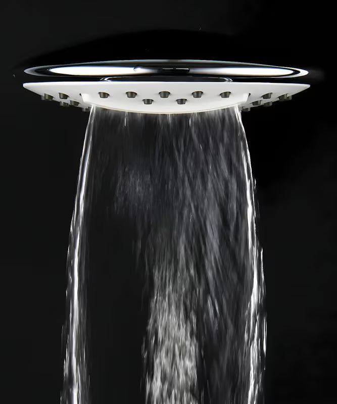 Tuš sustav SAT Chrome s termostatskom miješalicom, s nadglavnim i ručnim tušem te staklenom policom, u krom/bijeloj izvedbi.