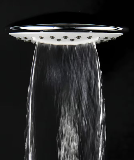 Tuš sustav SAT Chrome s termostatskom miješalicom, s nadglavnim i ručnim tušem te staklenom policom, u krom/bijeloj izvedbi.