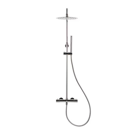 Tuš sustav SAT Dark s termostatskom miješalicom u izvedbi PVD Gun Metal s nadglavnim i ručnim tušem.