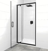 Pivotna tuš vrata SAT Tex 90 cm u crnoj izvedbi s prozirnim sigurnosnim staklom.