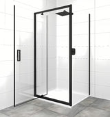 Pivotna tuš vrata SAT Tex 90 cm u crnoj izvedbi s prozirnim sigurnosnim staklom.
