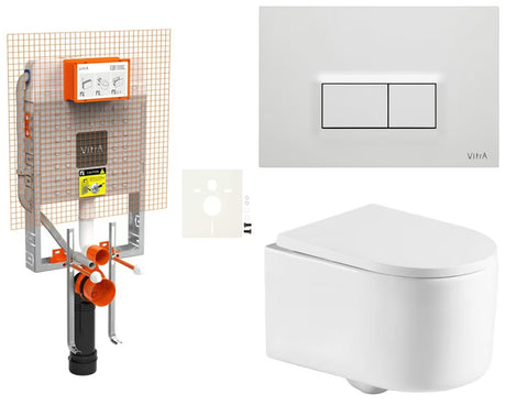 Viseći WC set SAT Tornado za ugradnju u zid s vrtložnim ispiranjem i tipkom za ispiranje u sjajnoj bijeloj boji.