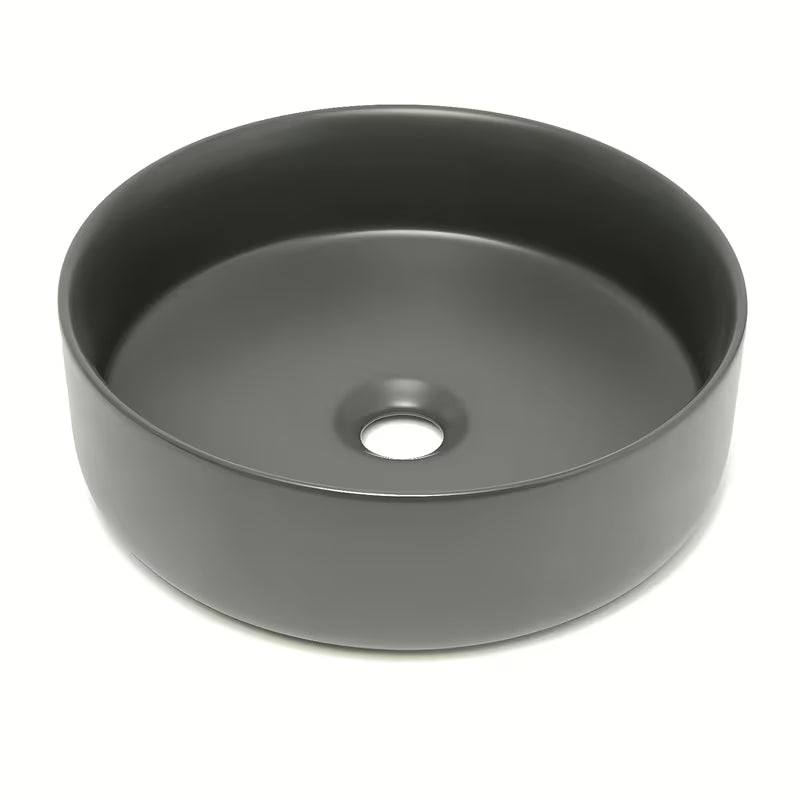 Okrugli umivaonik na ploču SAT Mood u tamnosivoj mat obradi, dimenzija 36x36x12 cm.