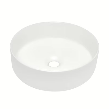 Okrugli umivaonik na ploču SAT Mood u bijeloj mat keramici bez otvora za miješalicu i bez preljeva.