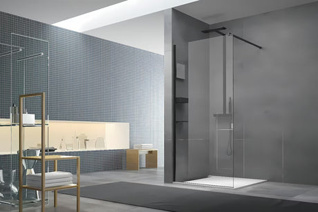 Crna zatvoriva kutija polica SAT Walk-In pro tuš kabina s mogućnošću lijeve i desne orijentacije.