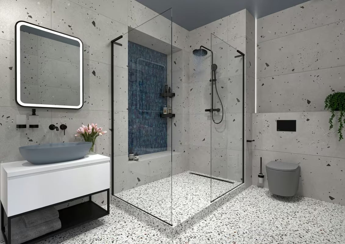 Walk-in tuš stijena SAT Walk-in 110 cm u mat crnoj boji s prozirnim staklom i bezokvirnom izvedbom.