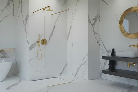SAT Walk-in tuš stijena Walk-In 120 cm od prozirnog stakla sa zlatnim stabilizatorom i premazom EasyClean.