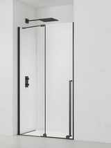 Klizne tuš vrata SAT Xmotion 110 cm u crnoj boji s prozirnim staklom, bez okvira.