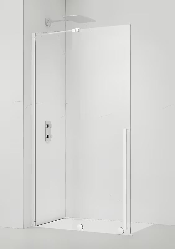 Walk-in tuš stijena SAT Xmotion 140 cm s bijelim profilima i prozirnim staklom bez dekora
