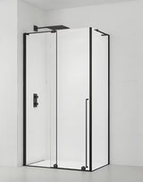 Pravokutna tuš kabina SAT Walk-In Xmotion 110x90 cm u crnoj boji s kliznim vratima i prozirnim staklom.