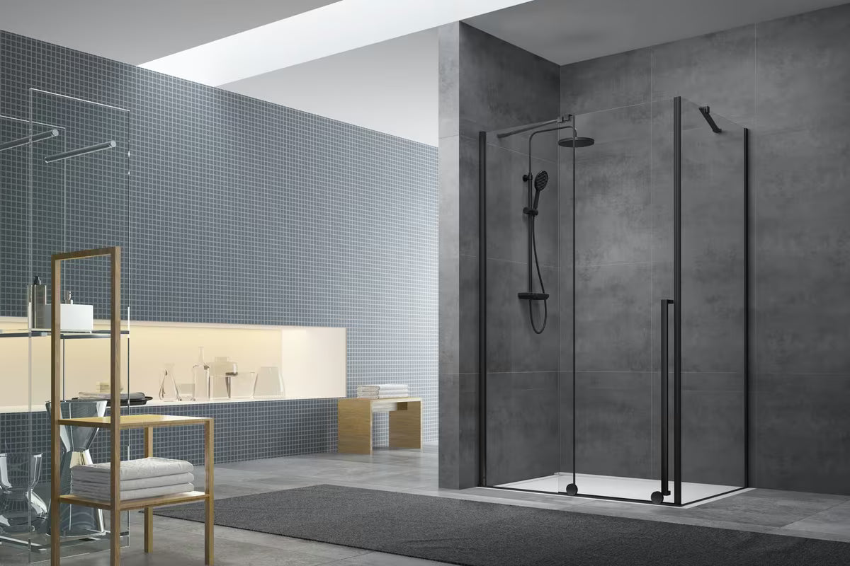 Tuš stranica za vrata  SAT Walk-In Xmotion 87,5 cm u crnoj izvedbi s prozirnim staklom