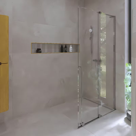 Tuš stijena SAT Walk-In Xmotion Walk-In 140 cm u sjajnom kromu s prozirnim staklom i kliznim sustavom.