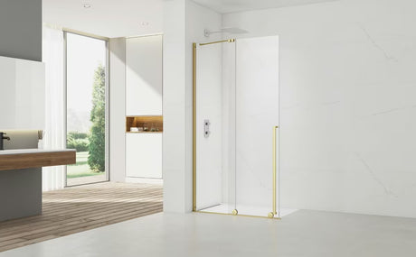 Walk-in tuš stijena SAT Xmotion 110 cm u sjajnoj zlatnoj boji s prozirnim staklom i bezokvirnom izvedbom.