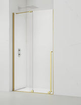 Tuš vrata SAT Walk-In Xmotion 110 cm u sjajnoj zlatnoj izvedbi s prozirnim staklom i kliznim otvaranjem.
