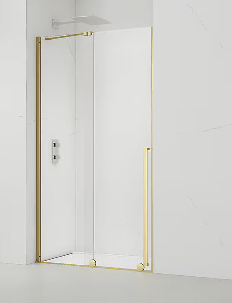 Tuš vrata SAT Walk-In Xmotion 110 cm u sjajnoj zlatnoj izvedbi s prozirnim staklom i kliznim otvaranjem.