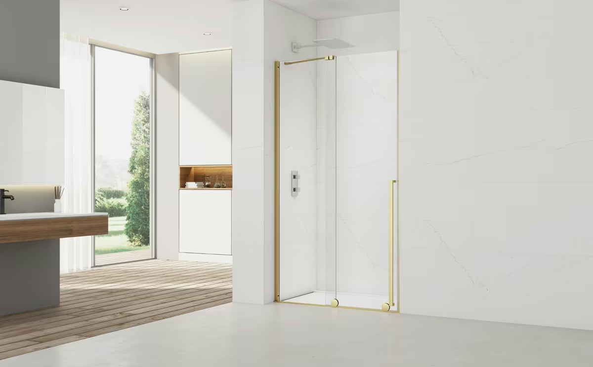 Tuš vrata SAT Walk-In Xmotion 140 cm sa sjajnim zlatnim profilom i prozirnim staklom