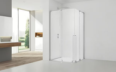 Pravokutna tuš kabina SAT Walk-In Xmotion 90x120 cm u sjajnom kromu s prozirnim staklom i kliznim vratima.