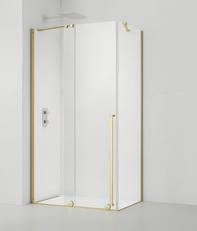 Pravokutna tuš kabina SAT Xmotion 140x90 cm sa sjajnim zlatnim profilom i prozirnim staklom