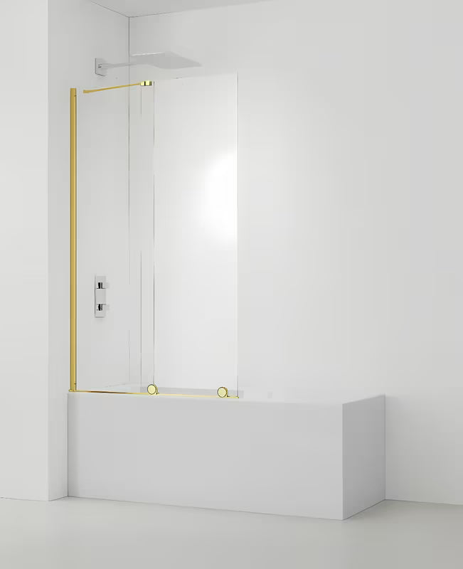 Klizna paravan za kadu SAT Walk-In Xmotion 150x117,5 cm od prozirnog stakla sa sjajnim zlatnim profilom.