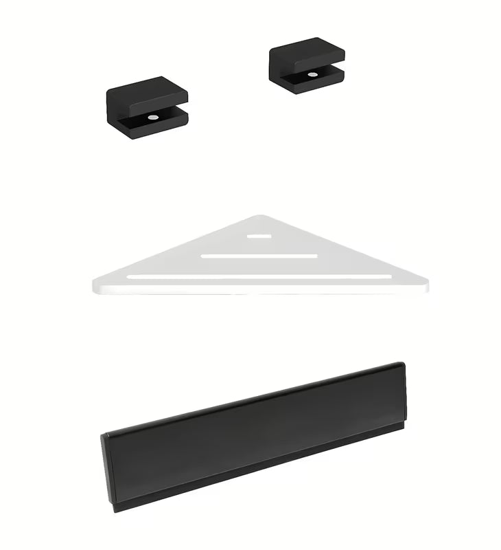 Set kupaonskih dodataka SAT X-Way s kutnom policom, držačima i brisačem za staklo u modernom dizajnu.