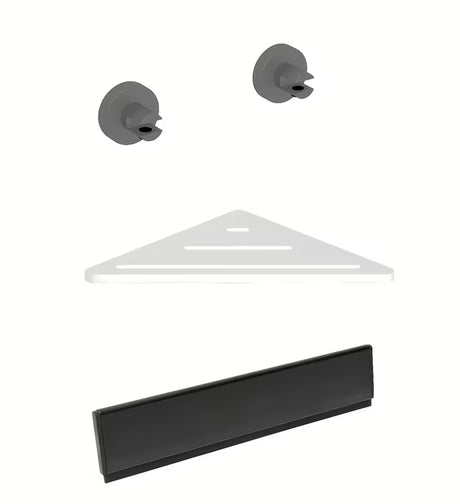 Set kupaonskih dodataka SAT X-Way s kutnom policom, držačima i brisačem za staklo s PVD površinom