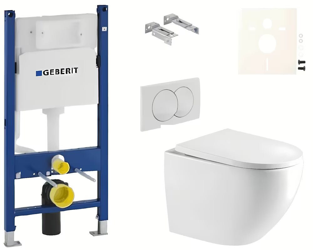 Viseći WC set SAT s modulom Duofix, vodokotlićem Geberit i tipkom za ispiranje Delta u bijeloj boji.