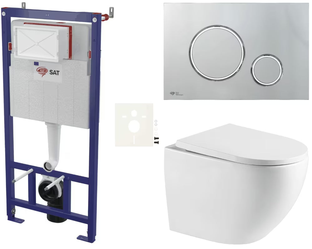 Viseći WC set SAT s modulom za lagane zidove, vodokotlićem, tipkom za ispiranje u sjajnom kromu i duroplast sjedalom.