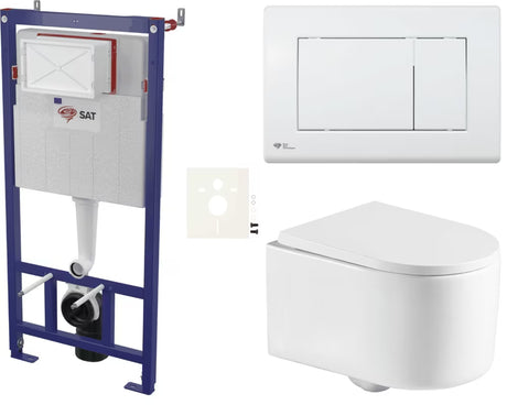 Viseći WC set SAT s predzidnim modulom, vodokotlićem, bijelom tipkom za ispiranje i sjedalom soft Close.