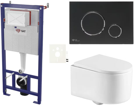 Viseći WC set SAT s WC školjke bez sustava za ispiranje, predzidnim modulom, vodokotlićem i crnom mat tipkom za ispiranje